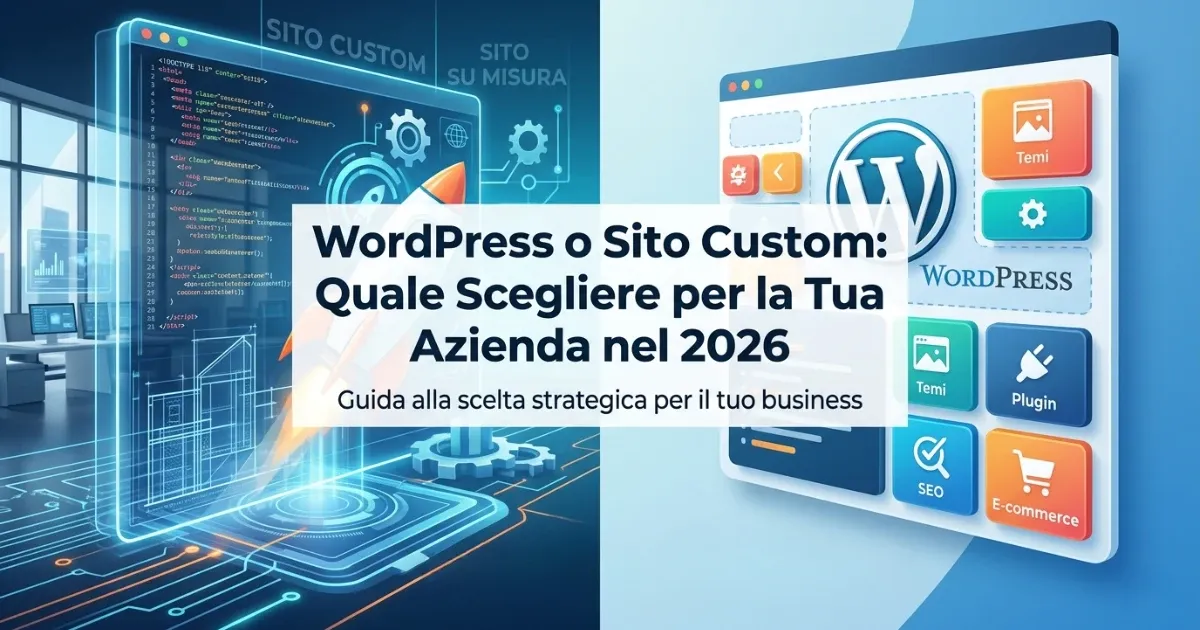 Confronto tra interfaccia WordPress e codice di sviluppo custom su schermo — quale scegliere per il sito web della tua aziend
