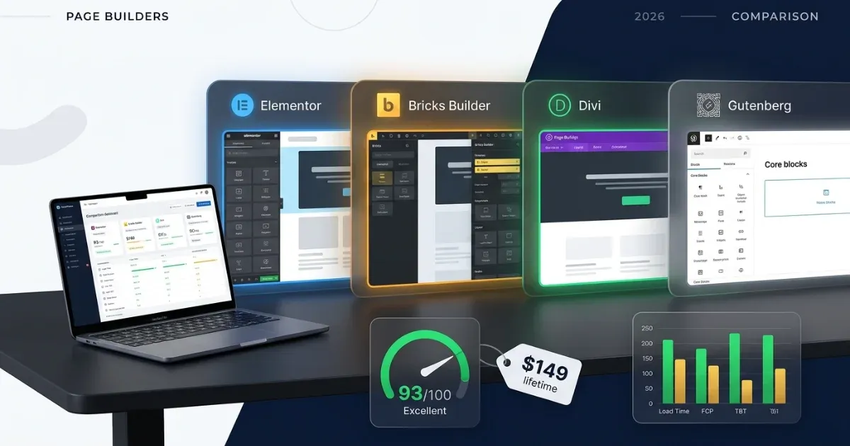 Confronto visivo tra i principali page builder WordPress 2026: Elementor, Bricks Builder, Divi e Gutenberg.