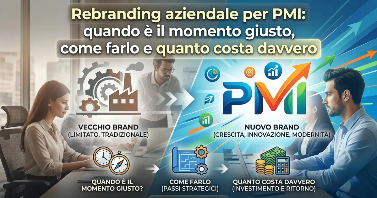 Infografica sul rebranding aziendale per PMI che illustra il passaggio da una vecchia identità visiva a nuovo brand moderno