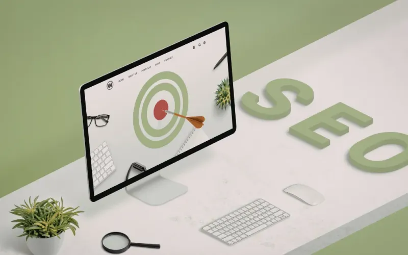 Monitor con sito web che mostra un bersaglio per strategie di Local SEO e ottimizzazione per i motori di ricerca su scrivania