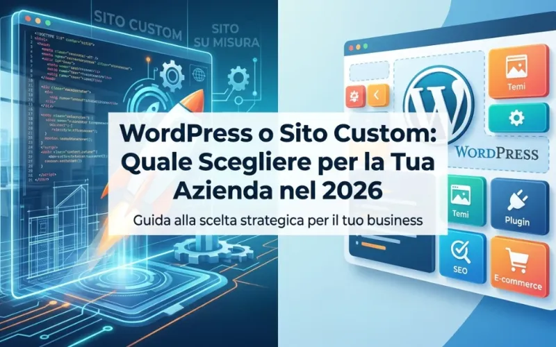 Confronto tra interfaccia WordPress e codice di sviluppo custom su schermo — quale scegliere per il sito web della tua aziend