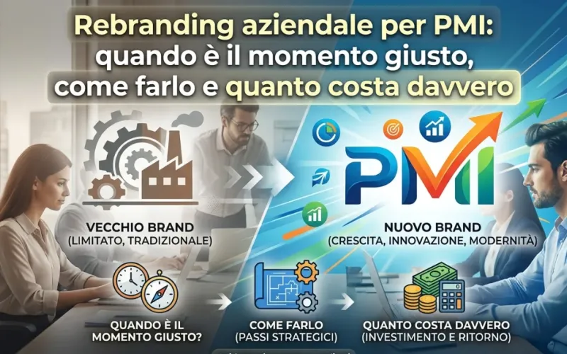 Infografica sul rebranding aziendale per PMI che illustra il passaggio da una vecchia identità visiva a nuovo brand moderno